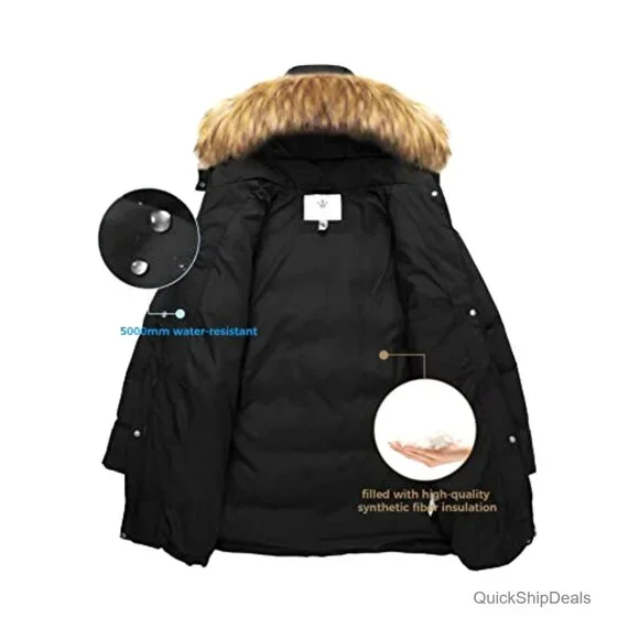 Women's Winter Puffer Coat with Removable Hood, Waterproof, Slim Fit